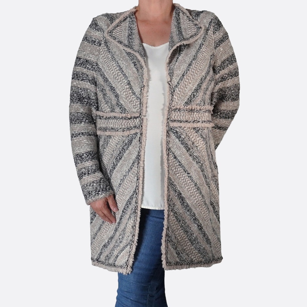 Chico's Fringe Tweed Longline Cardigan Sweater Jacket 3 fits XL/1X Taupe Tall